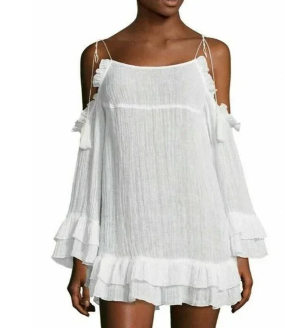 Red Carter White Cold Shoulder Bell Gauze Linen Mini Coverup Dress IT 42 / US S